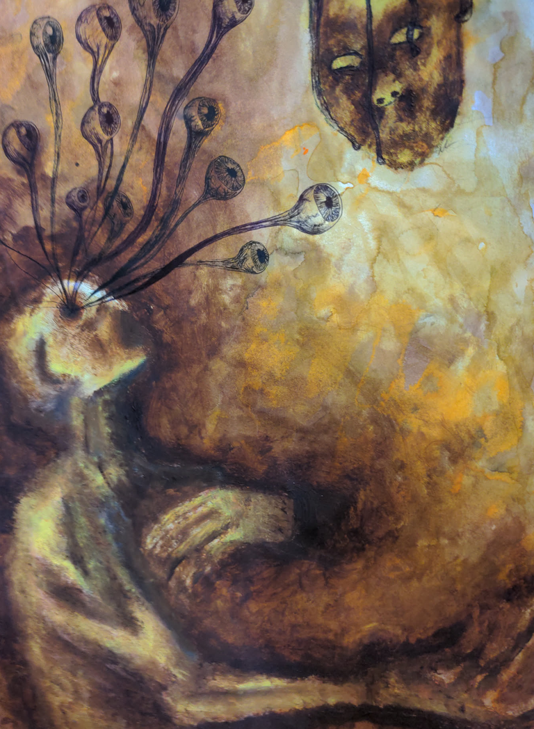 Spooky image of a figure with multiple eyes on stalks being watched by a disembodied face