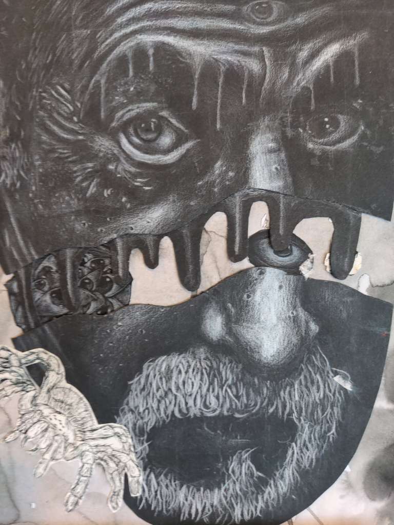 A black and white portait of a man with his face in half and a large spider